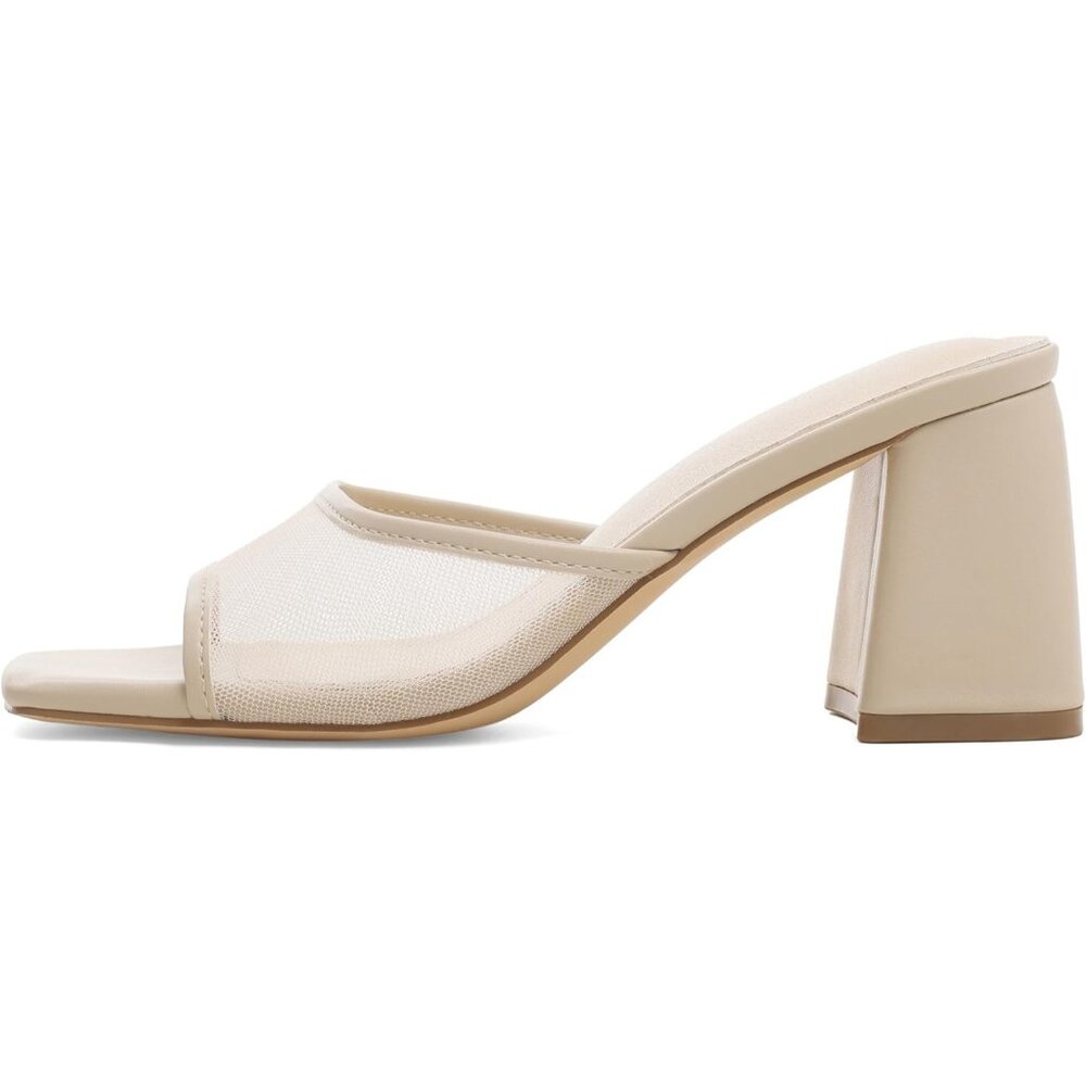 Women's Nude Mesh Slide Sandals Square Open Toe Mules Chunky Heels Slip On